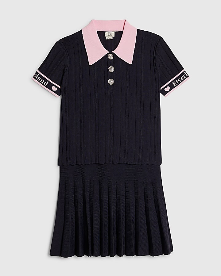 Girls Navy Polo Shirt And Skirt Set
