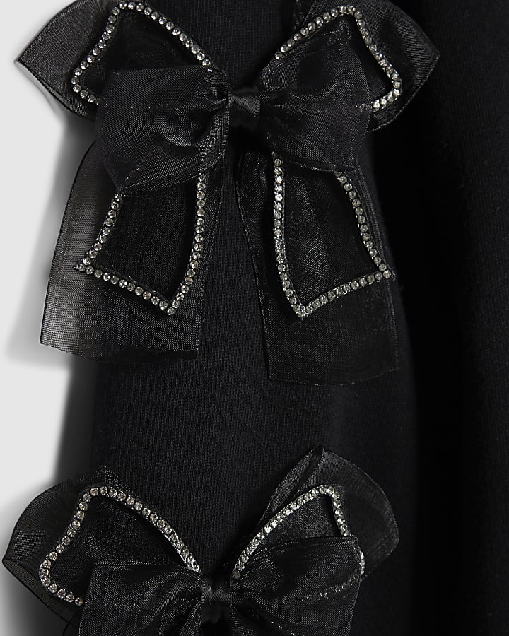 Girls Black Diamante Bow Sweatshirt