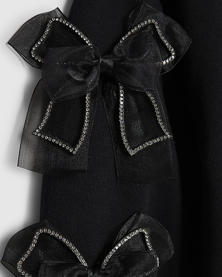 Girls Black Diamante Bow Sweatshirt