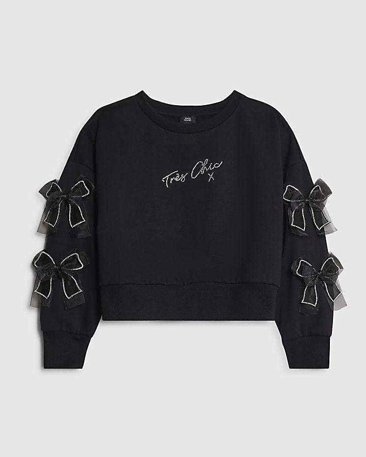 Girls Black Diamante Bow Sweatshirt