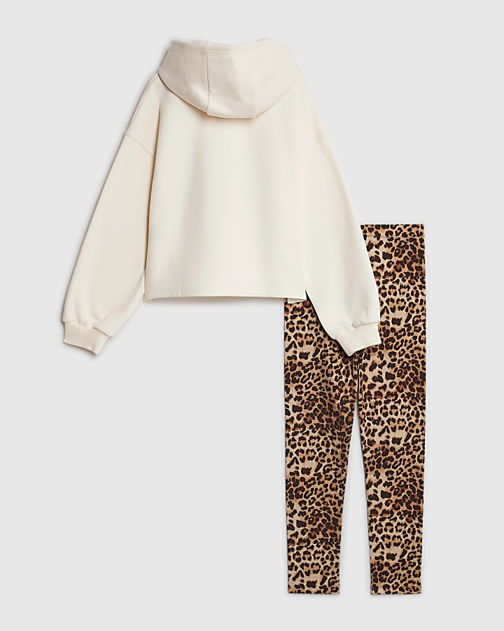 Girls Cream Leopard Girl Vibe Hoodie Set