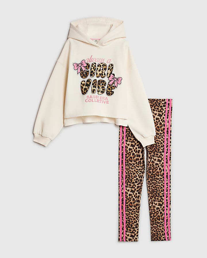 Girls Cream Leopard Girl Vibe Hoodie Set