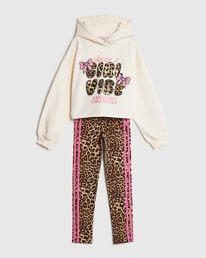 Girls Cream Leopard Girl Vibe Hoodie Set
