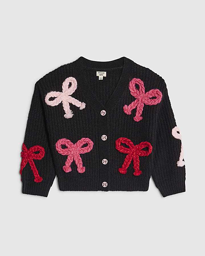 Mini Girls Black 3D Bow Cardigan