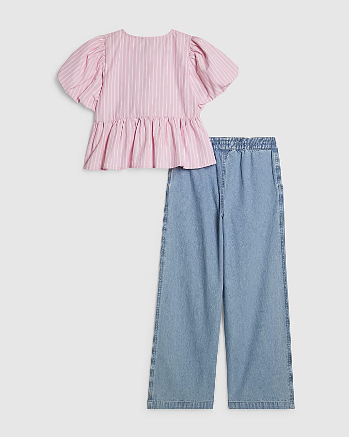 Girls Pink Stripe Top And Jeans Set