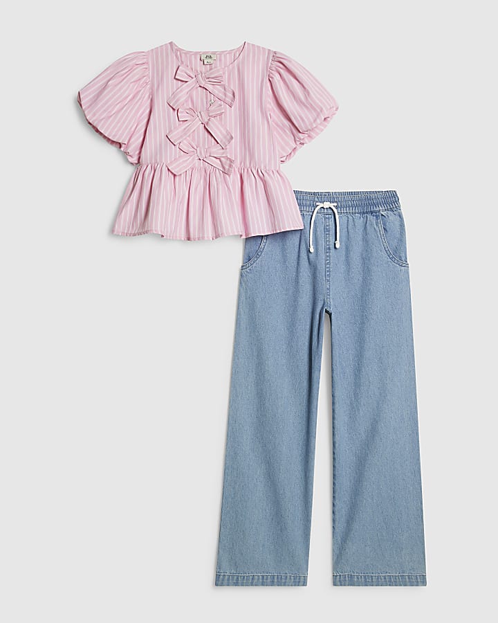 Girls Pink Stripe Top And Jeans Set