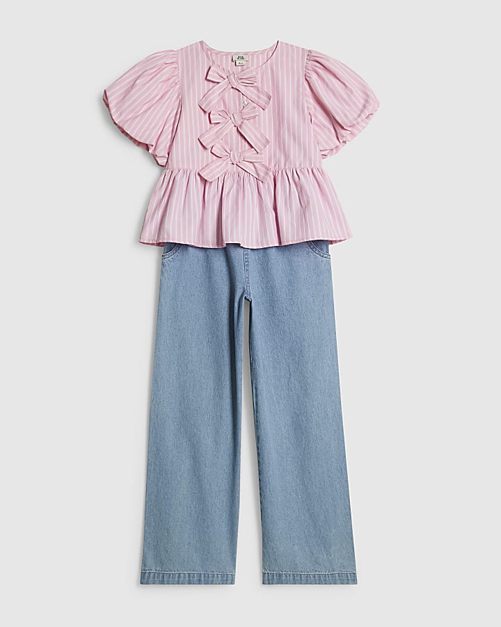 Girls Pink Stripe Top And Jeans Set