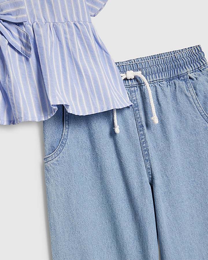 Girls Blue Striped Top And Jeans Set