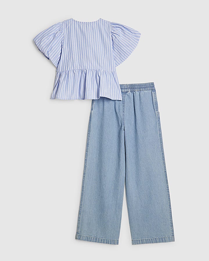 Girls Blue Striped Top And Jeans Set