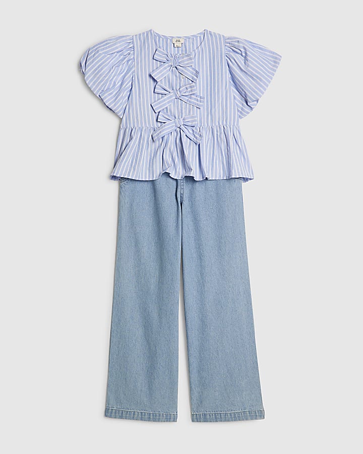 Girls Blue Striped Top And Jeans Set