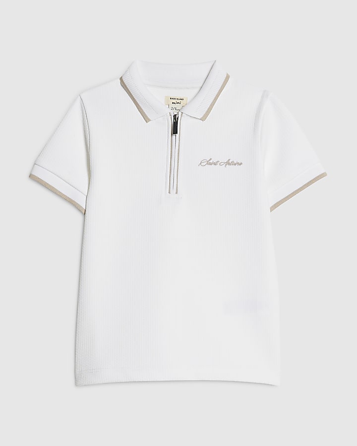 Mini Boys White Textured Polo Shirt