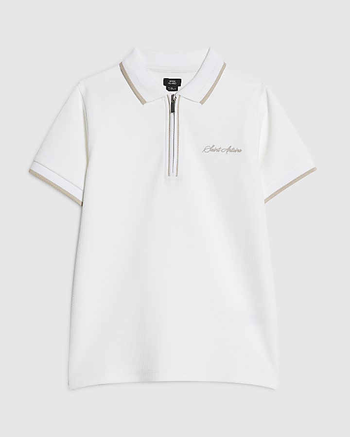 Boys White Textured Polo Shirt