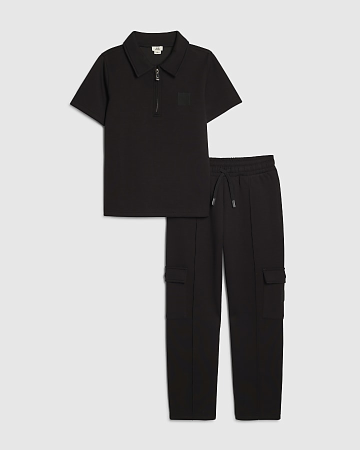 Boys Black Slim Fit Polo Jogger Set