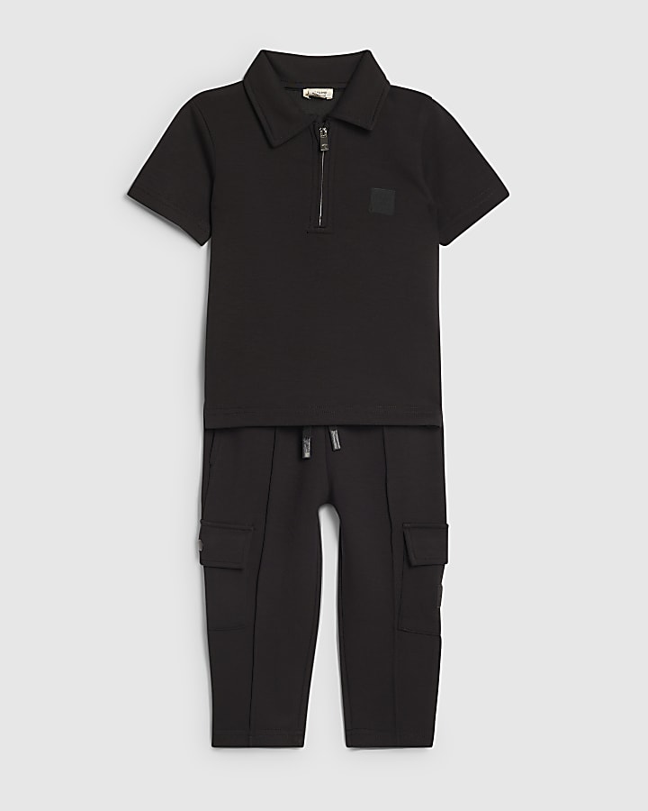 Mini Boys Black Luminis Badge Polo Shirt Set