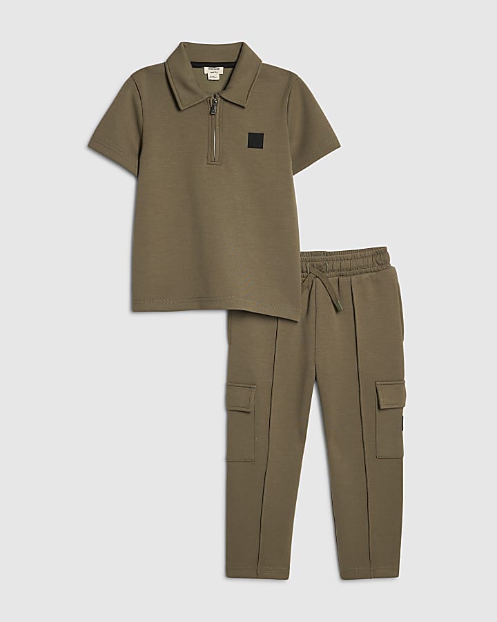 Mini Boys Khaki Luminis Badge Polo Shirt Set