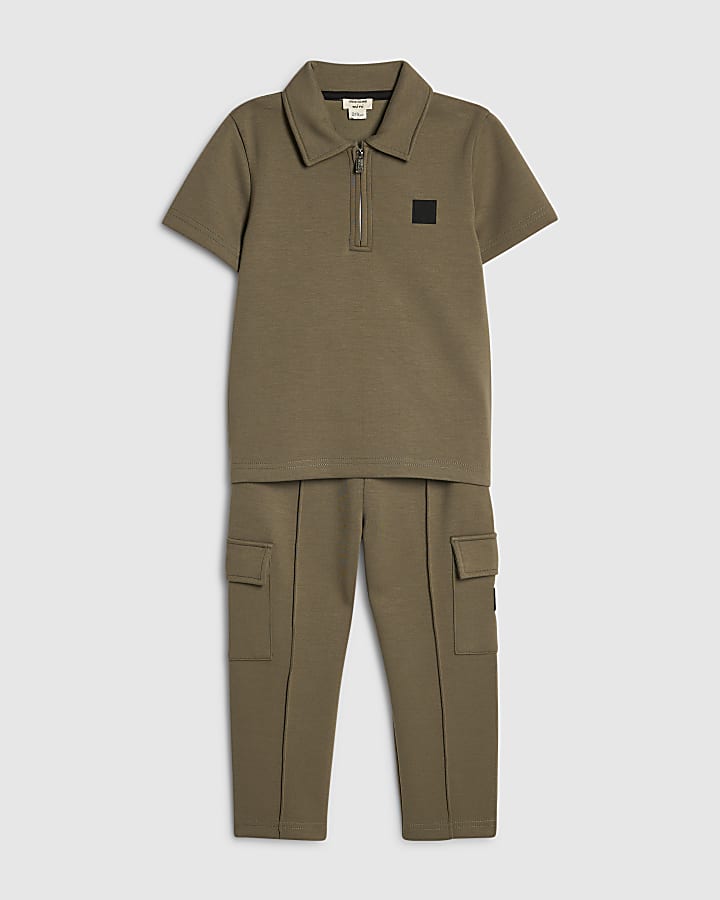 Mini Boys Khaki Luminis Badge Polo Shirt Set