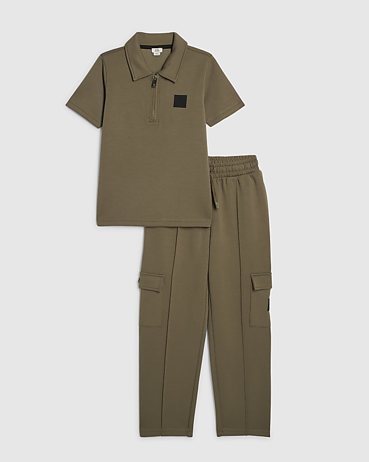 Boys Khaki Polo Shirt And Joggers Set