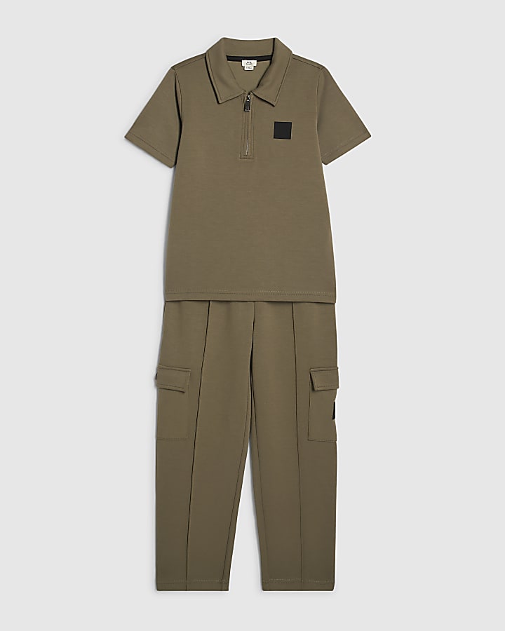 Boys Khaki Polo Shirt And Joggers Set