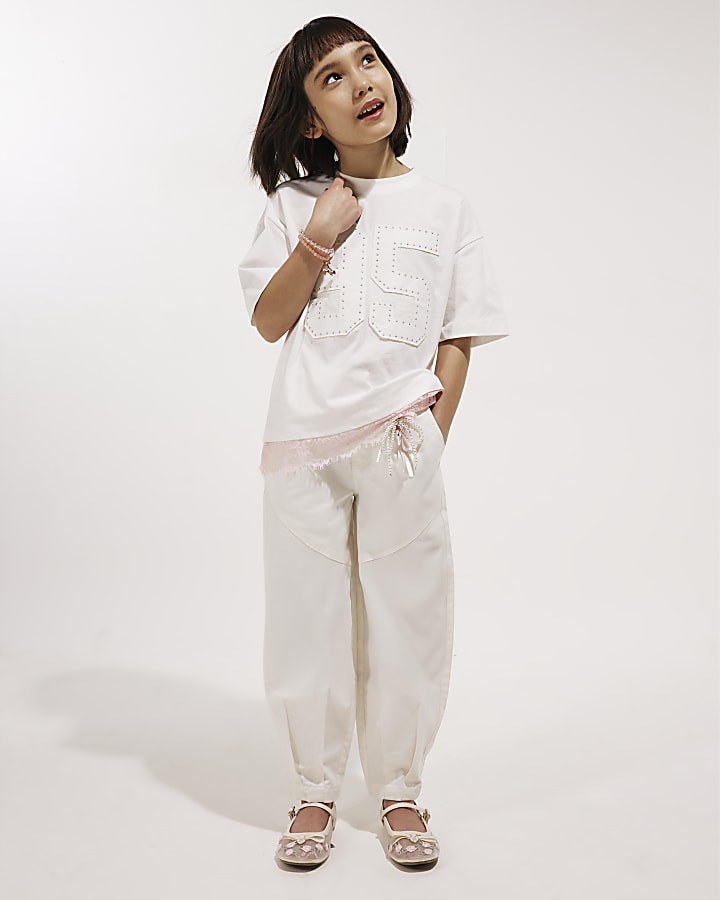 Girls Cream Twill Keyring Cargo Trousers