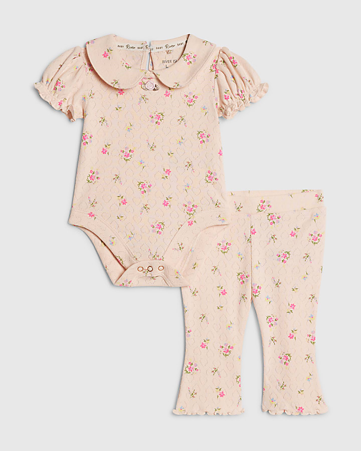 Baby Girls Pink Pointelle Floral Romper Set