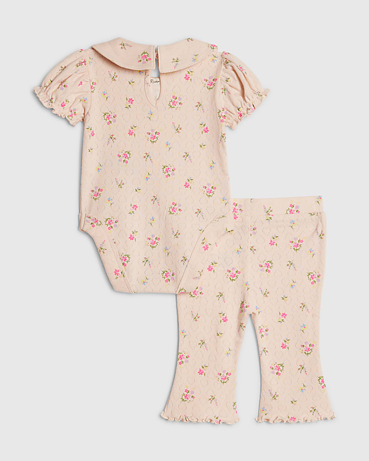 Baby Girls Pink Pointelle Floral Romper Set