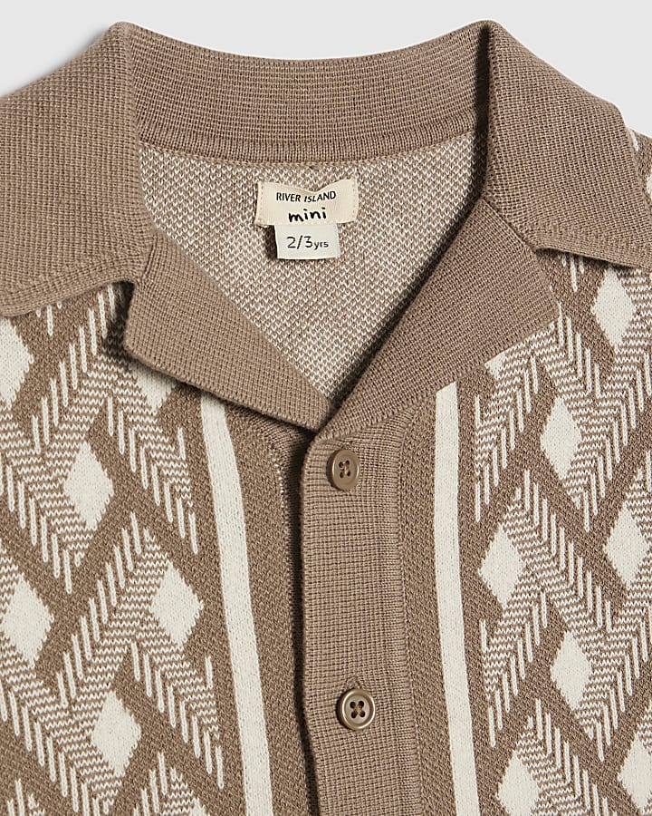 Mini Boys Beige Geometric Knitted Shirt