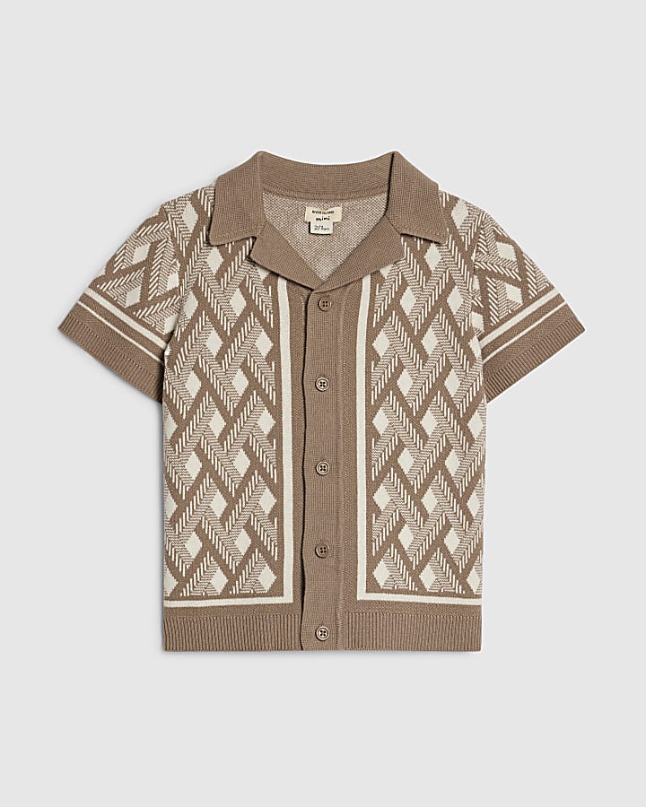 Mini Boys Beige Geometric Knitted Shirt
