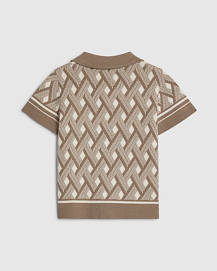 Mini Boys Beige Geometric Knitted Shirt