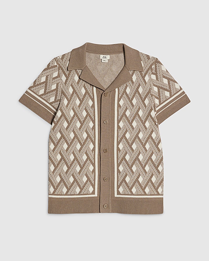 Boys Beige Geometric Knit Shirt