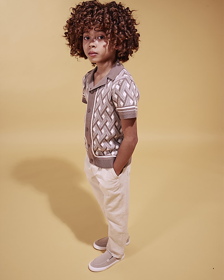 Boys Beige Geometric Knit Shirt