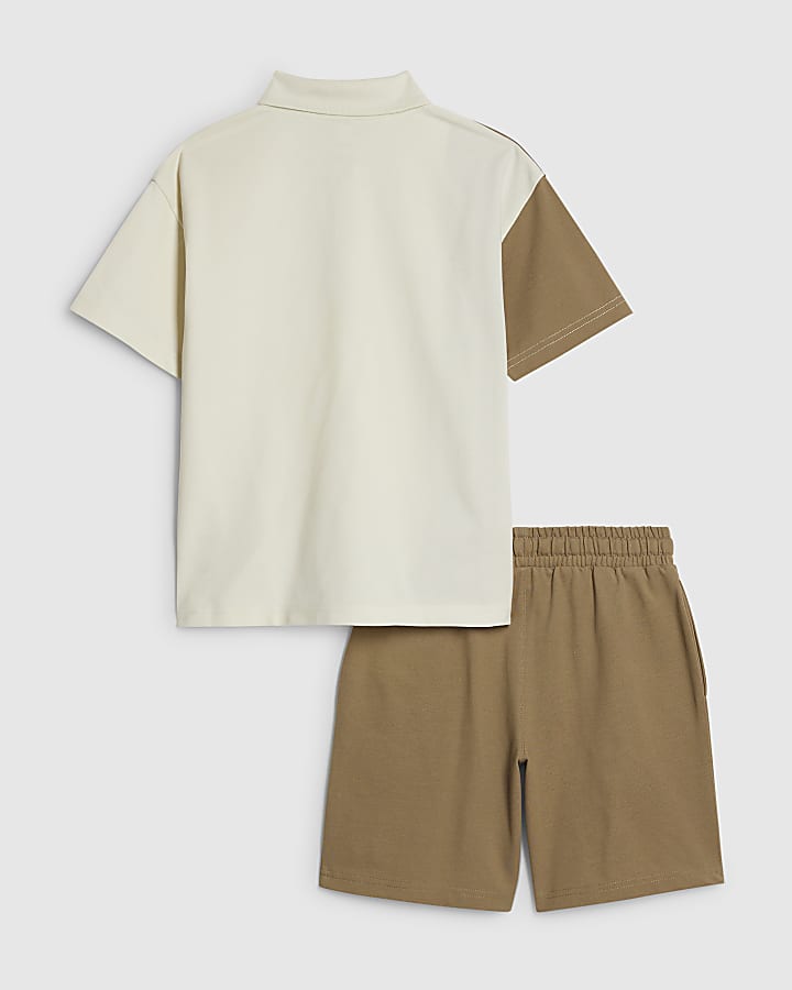 Boys Brown Oversized Polo Shirt Set