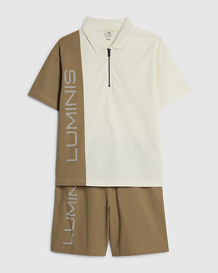 Boys Brown Oversized Polo Shirt Set