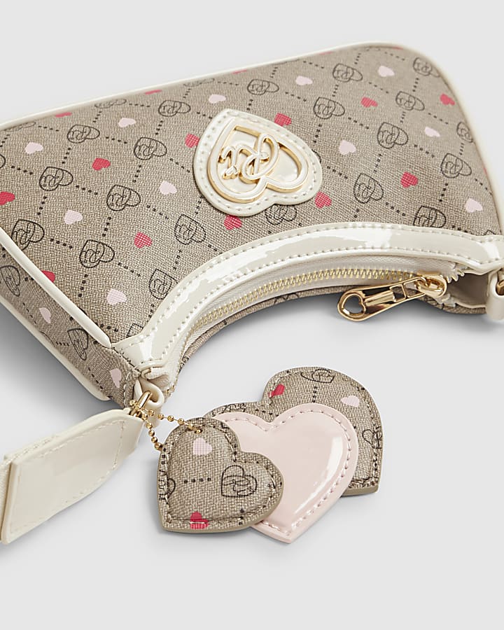 Girls Brown Monogram Heart Cross Body Bag