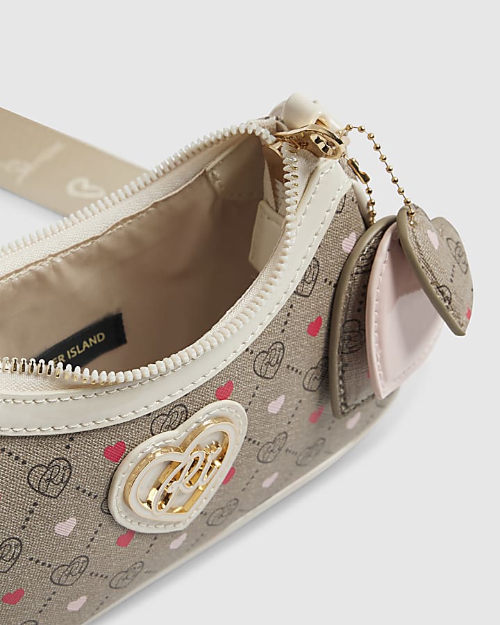 Girls Brown Monogram Heart Cross Body Bag