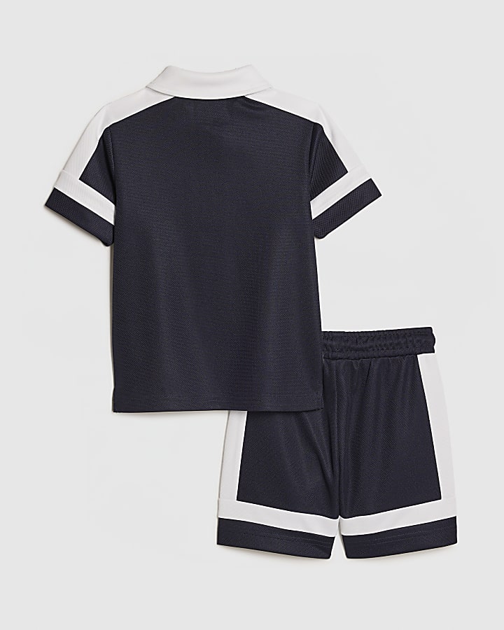Mini Boys Navy Slim Blocked Polo Set