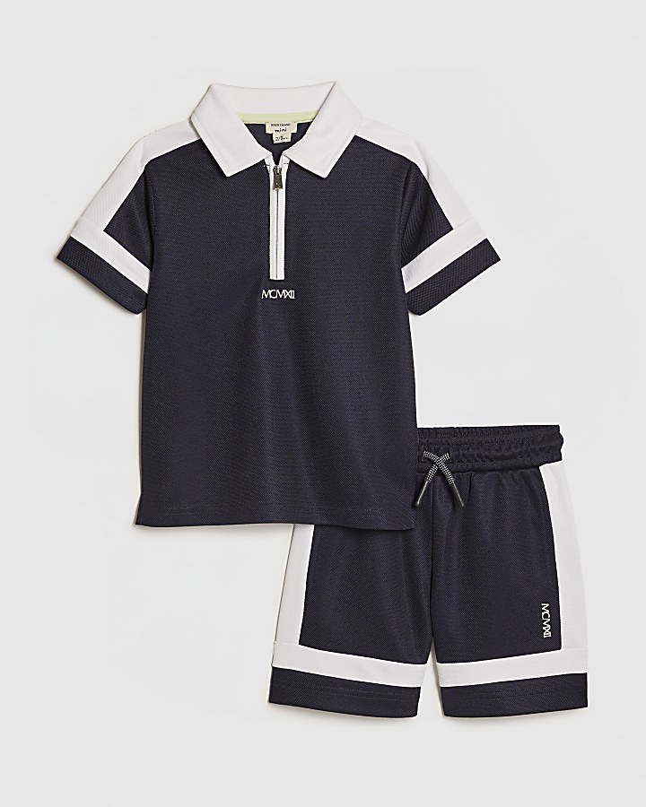 Mini Boys Navy Slim Blocked Polo Set