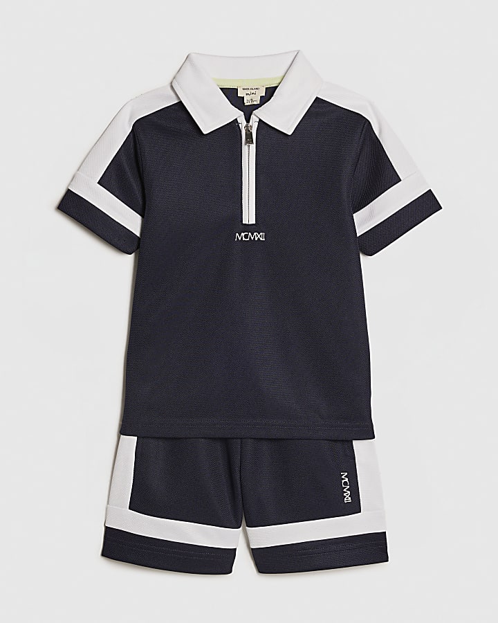 Mini Boys Navy Slim Blocked Polo Set