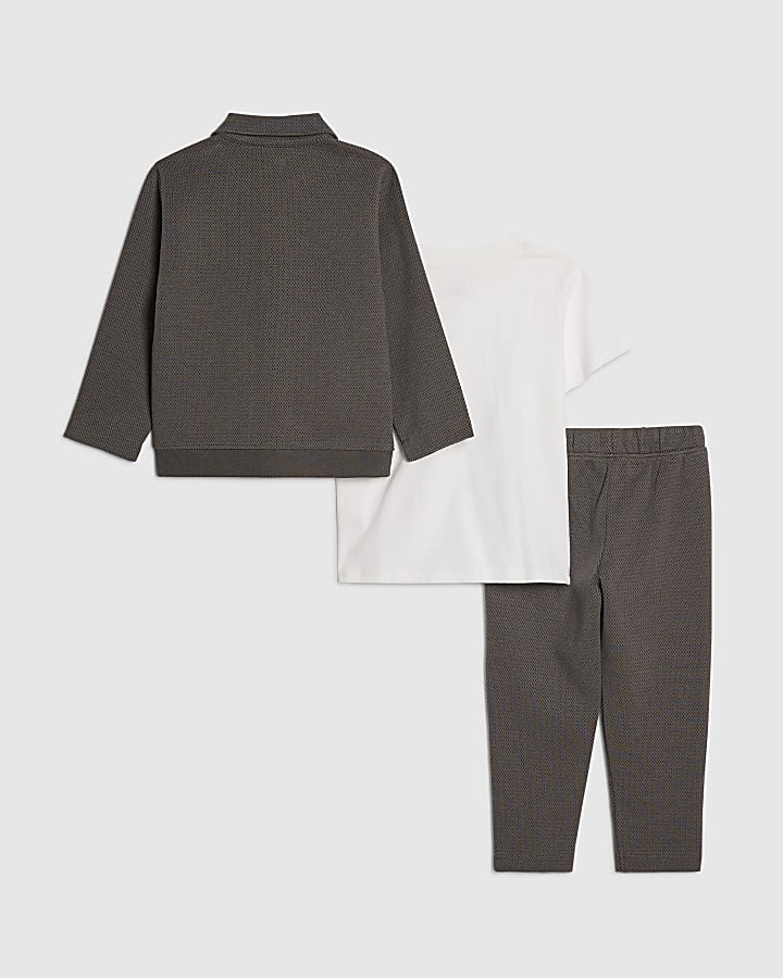 Mini Boys Grey Textured Jacket 3 Piece Set