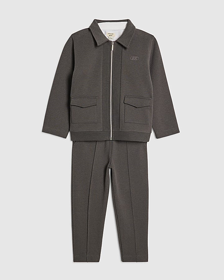 Mini Boys Grey Textured Jacket 3 Piece Set