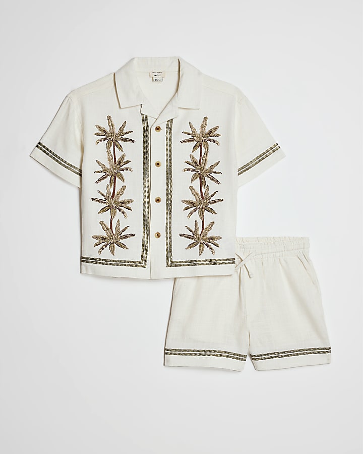 Mini Boys Cream Embroidered Palm Shirt Set