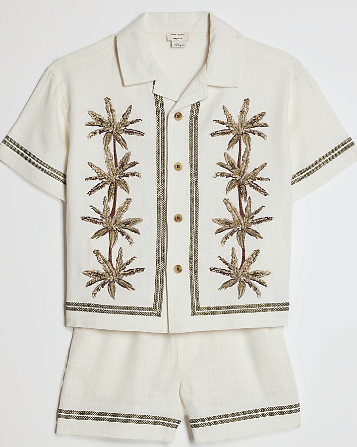 Mini Boys Cream Embroidered Palm Shirt Set