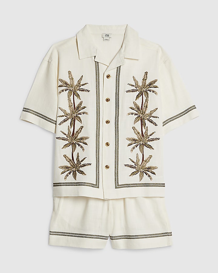 Boys Cream Embroidered Palm Shirt Set