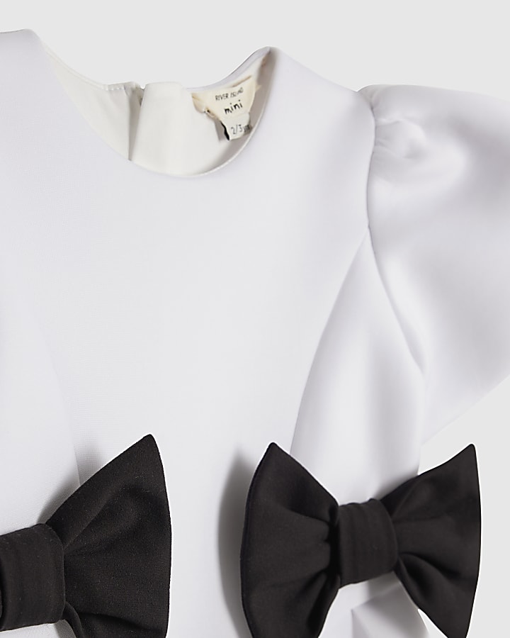 Mini Girls White Bow Side Scuba Dress