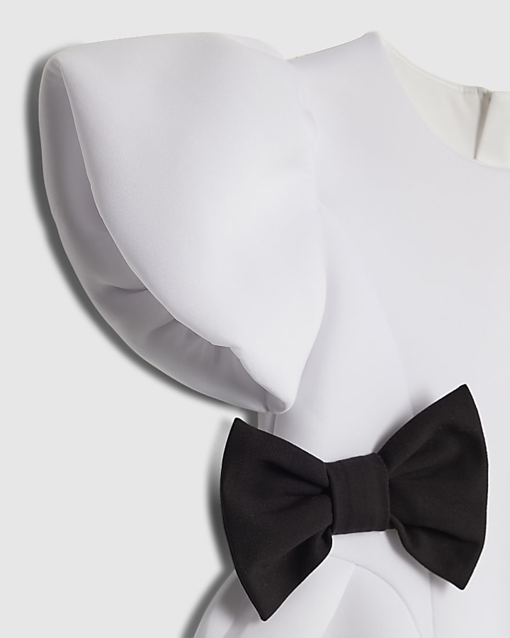 Mini Girls White Bow Side Scuba Dress