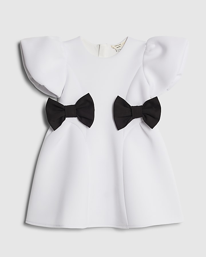 Mini Girls White Bow Side Scuba Dress