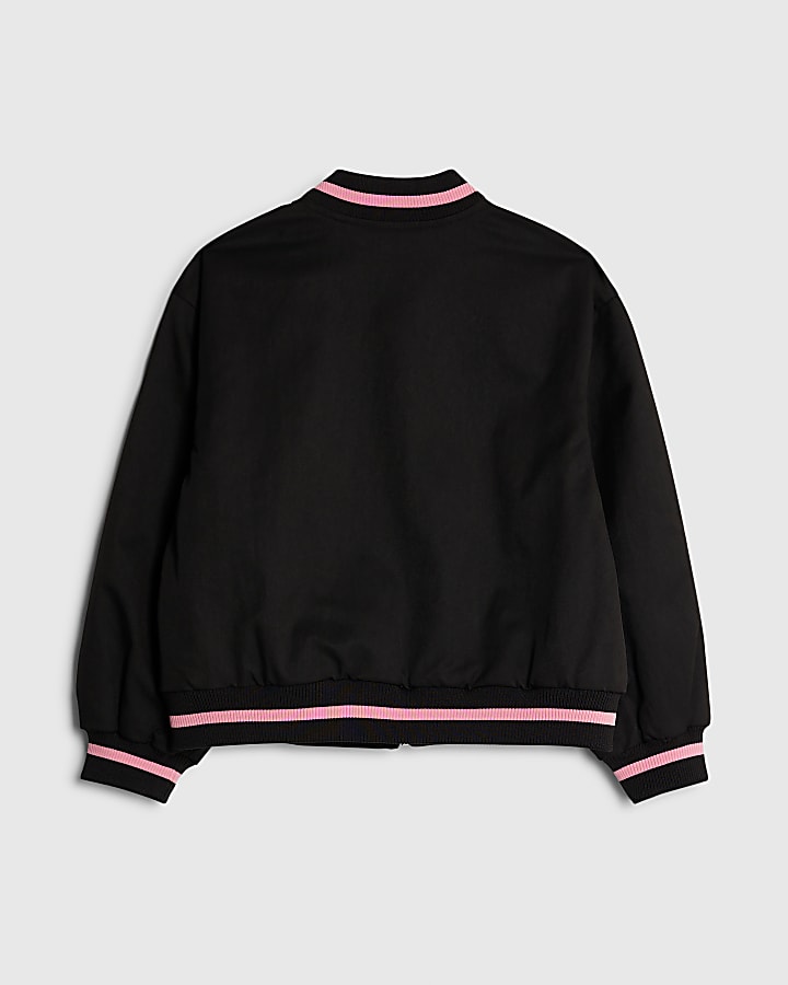 Girls Black Lace Trim Bomber Jacket