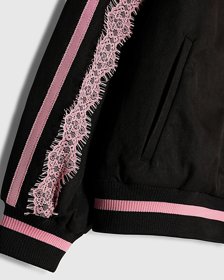 Girls Black Lace Trim Bomber Jacket