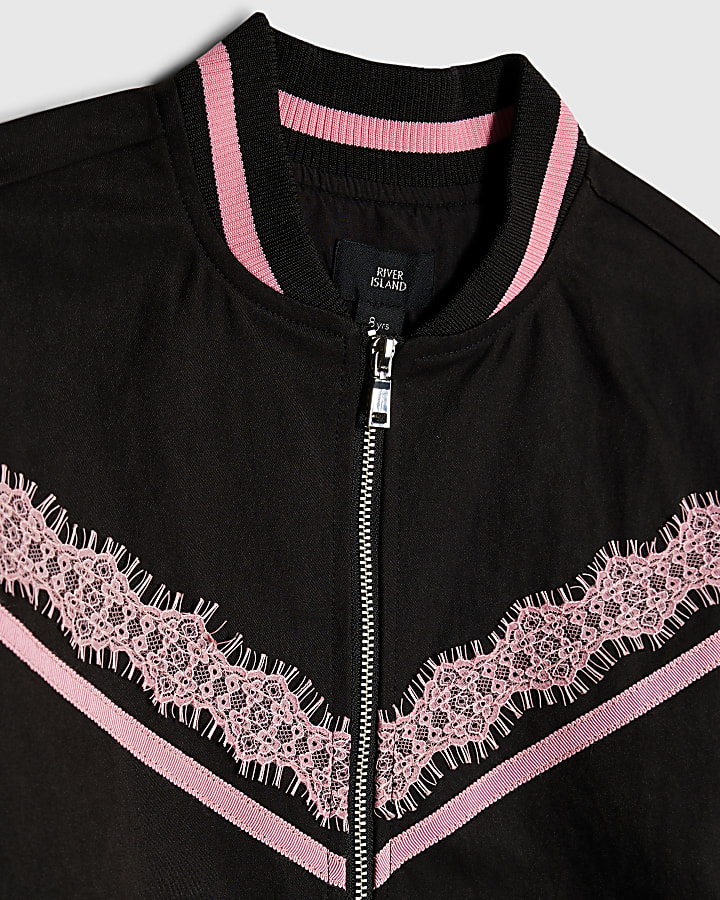 Girls Black Lace Trim Bomber Jacket