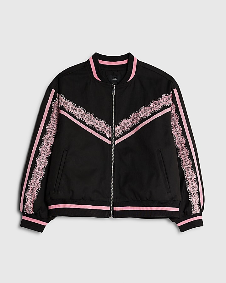 Girls Black Lace Trim Bomber Jacket