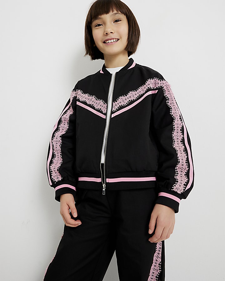 Girls Black Lace Trim Bomber Jacket